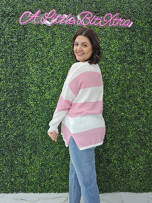 Lilly Breezy Button Up Stripes Blouse: Pink
