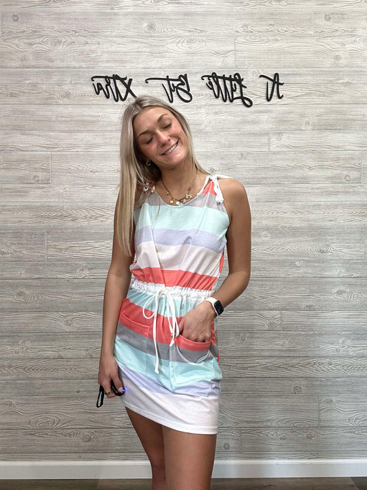 CORAL STRIPED DRAWSTRING DRESS