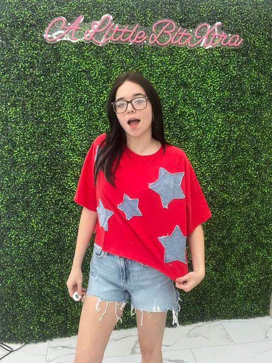 Red Cropped Denim Star Tee