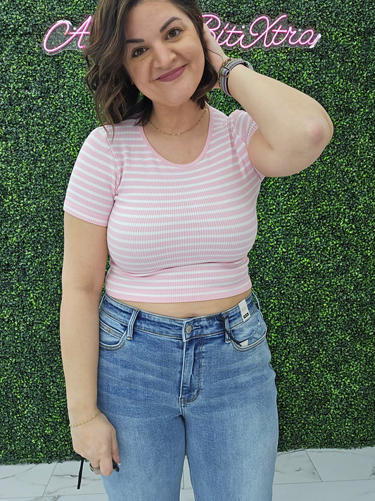 Crew Neck Stripe Seamless Rib Tee Blush