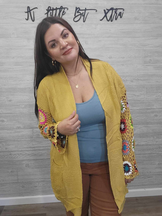 MUSTARD CROCHET SLEEVE CARDIGAN
