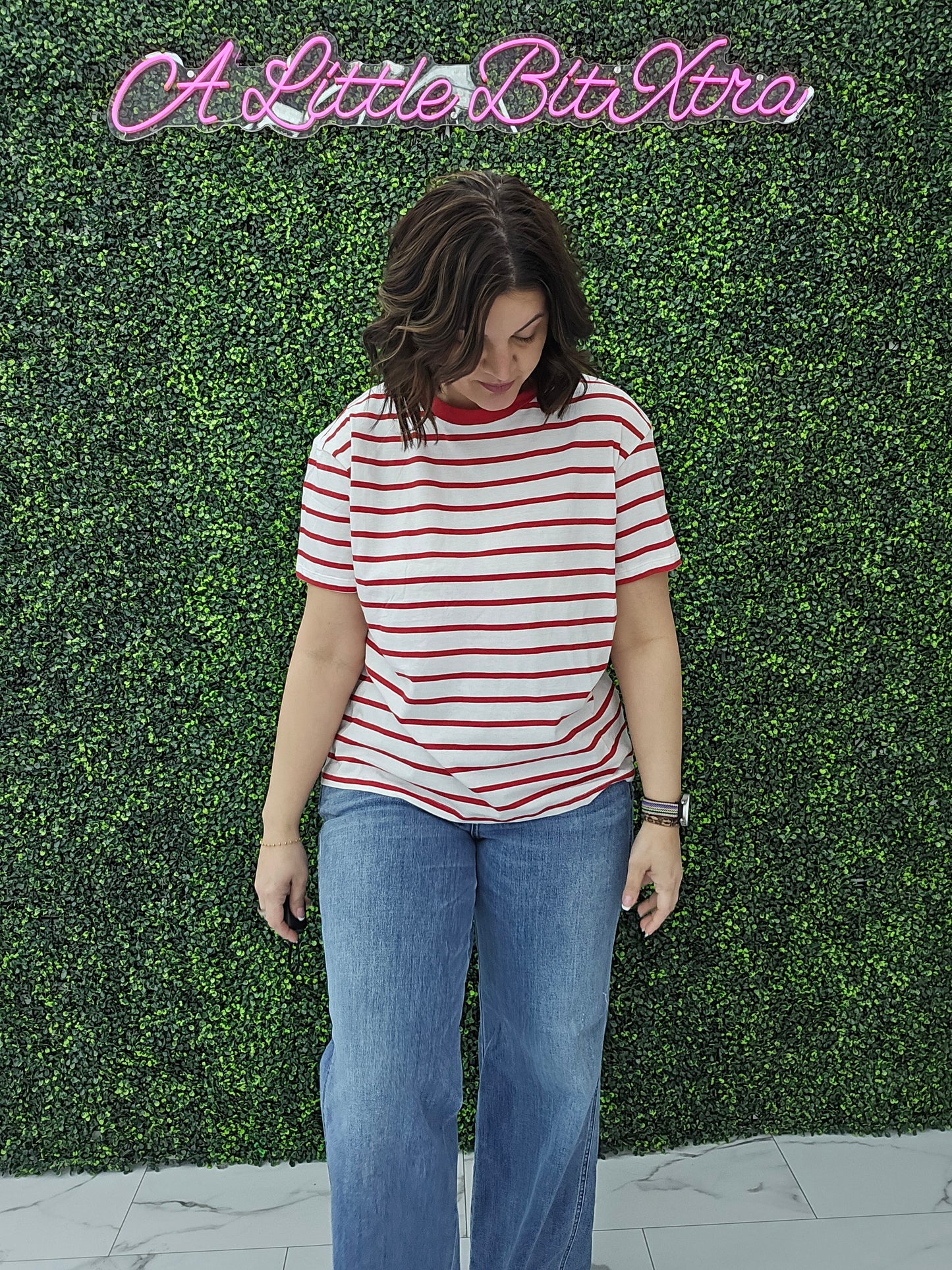 Short Sleeve Stripe Oversized Tee Red