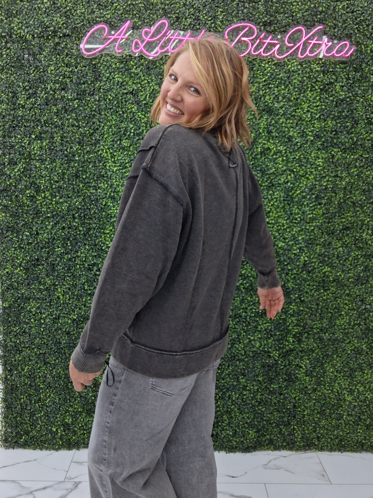 Acid Wash Exposed Seam Sweatshirt- Ash Black