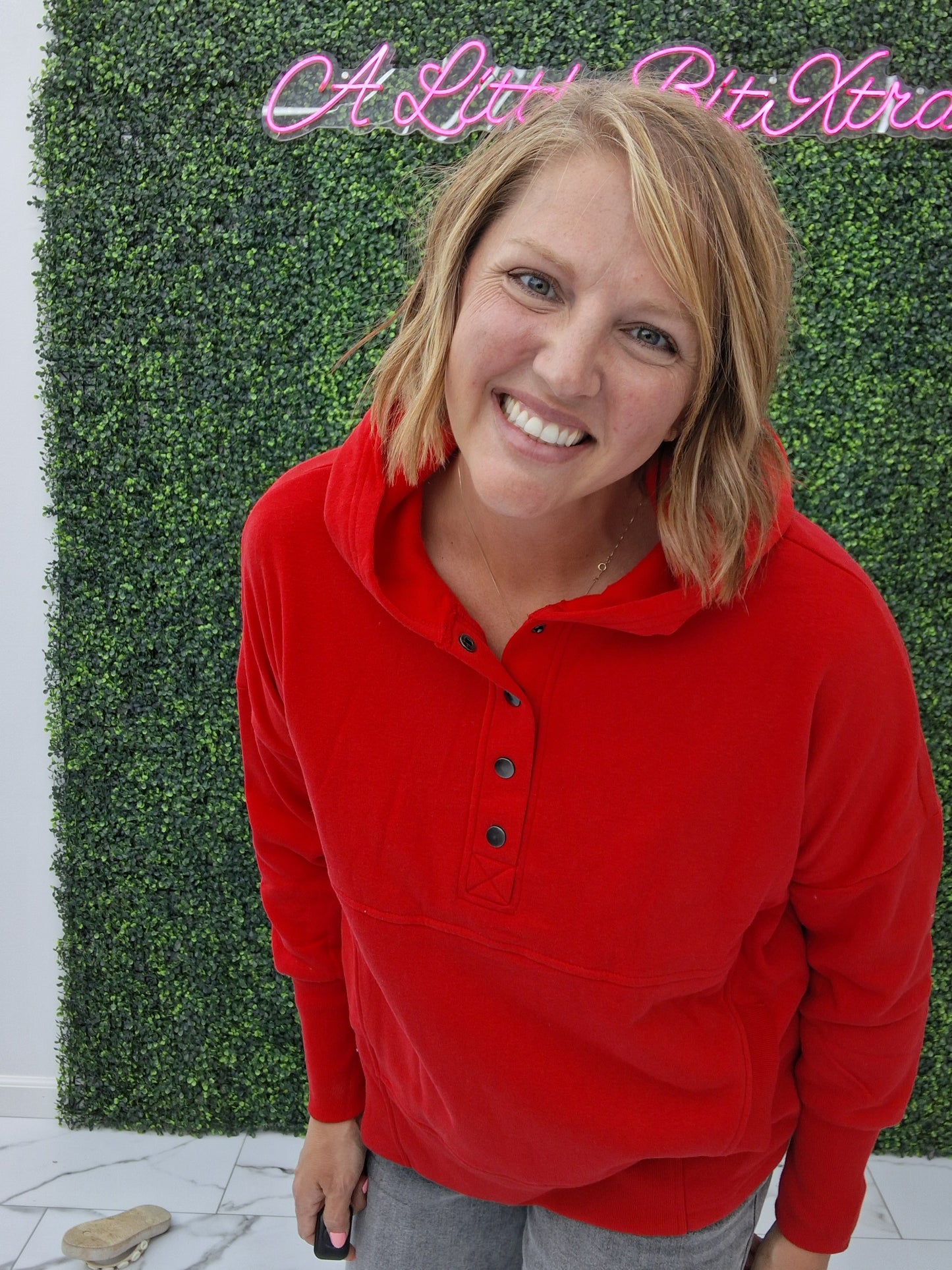 Fleece Half Snap Button Hoodie- Ruby