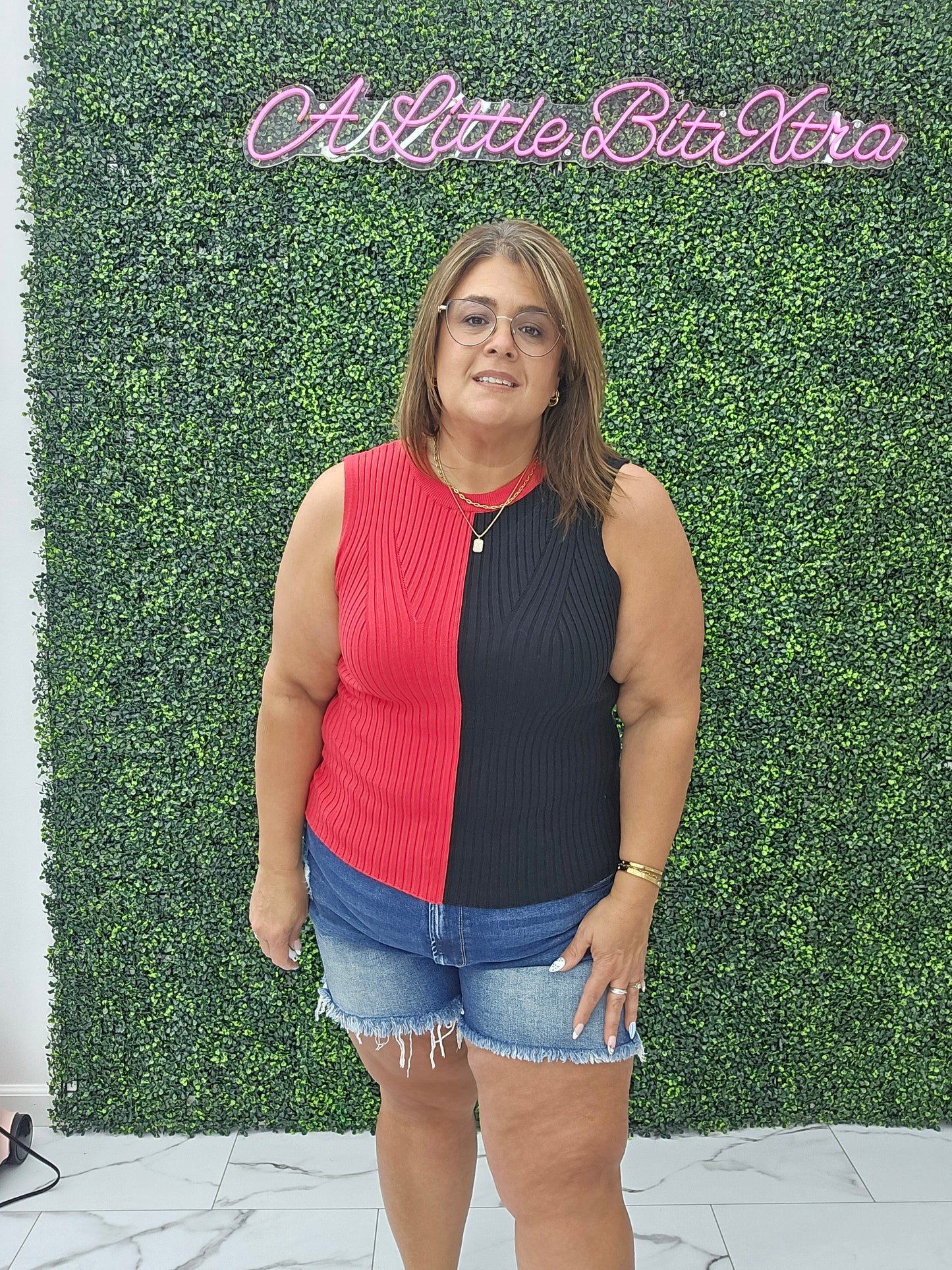 Game Day Contrast Sweater Ribbed Top: RED/BLACK