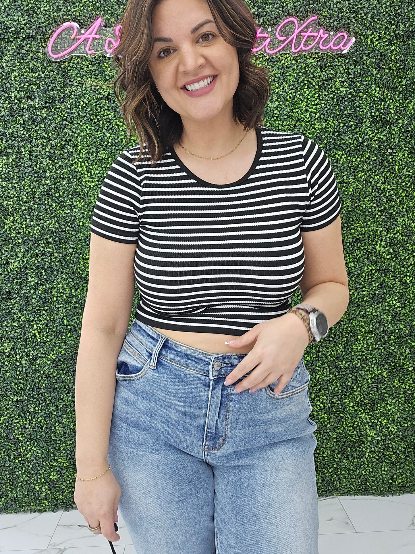 Crew Neck Stripe Seamless Rib Tee Black