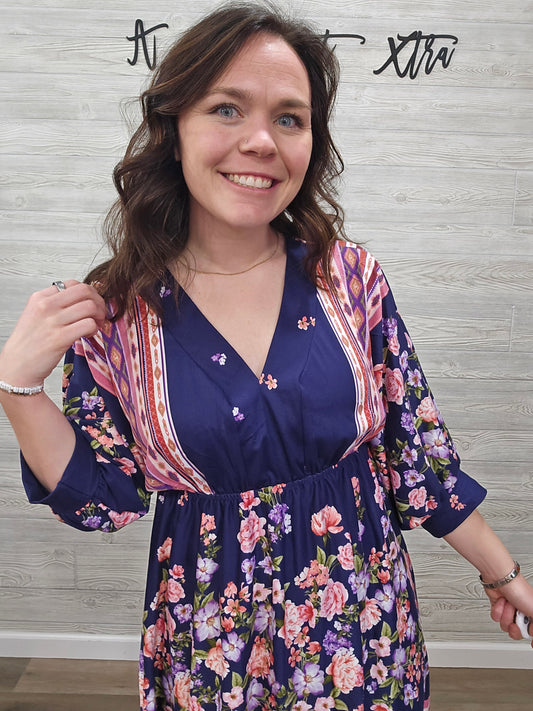 NAVY FLORAL PRINT KNIT DRESS