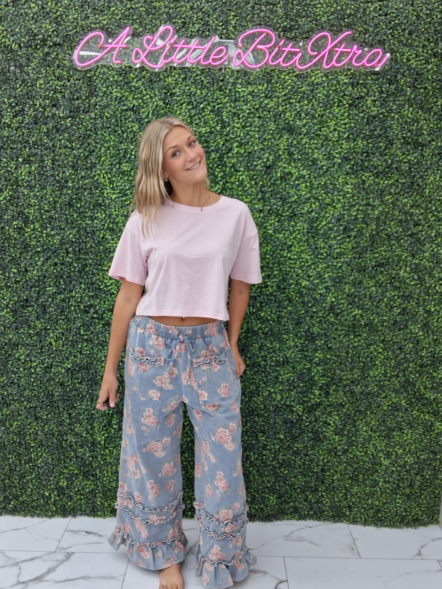 Floral Denim With Ruffles Wide Leg Pants