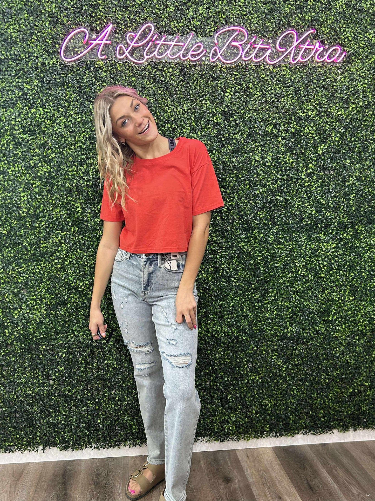 Short Sleeve Oversize Crop Cotton Knit Tee RED