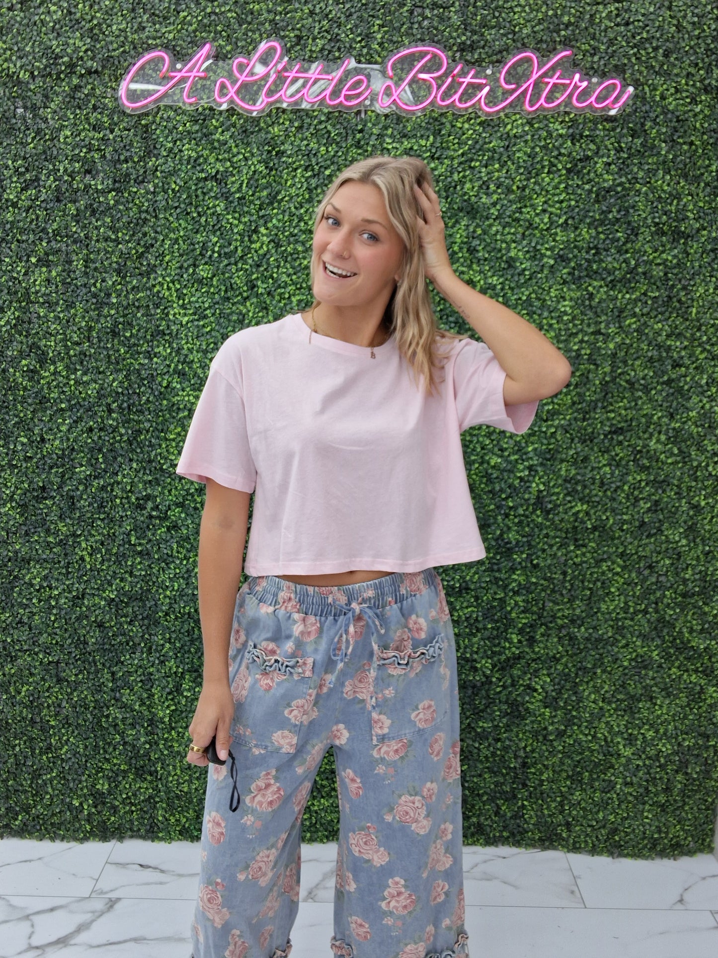 Floral Denim With Ruffles Wide Leg Pants