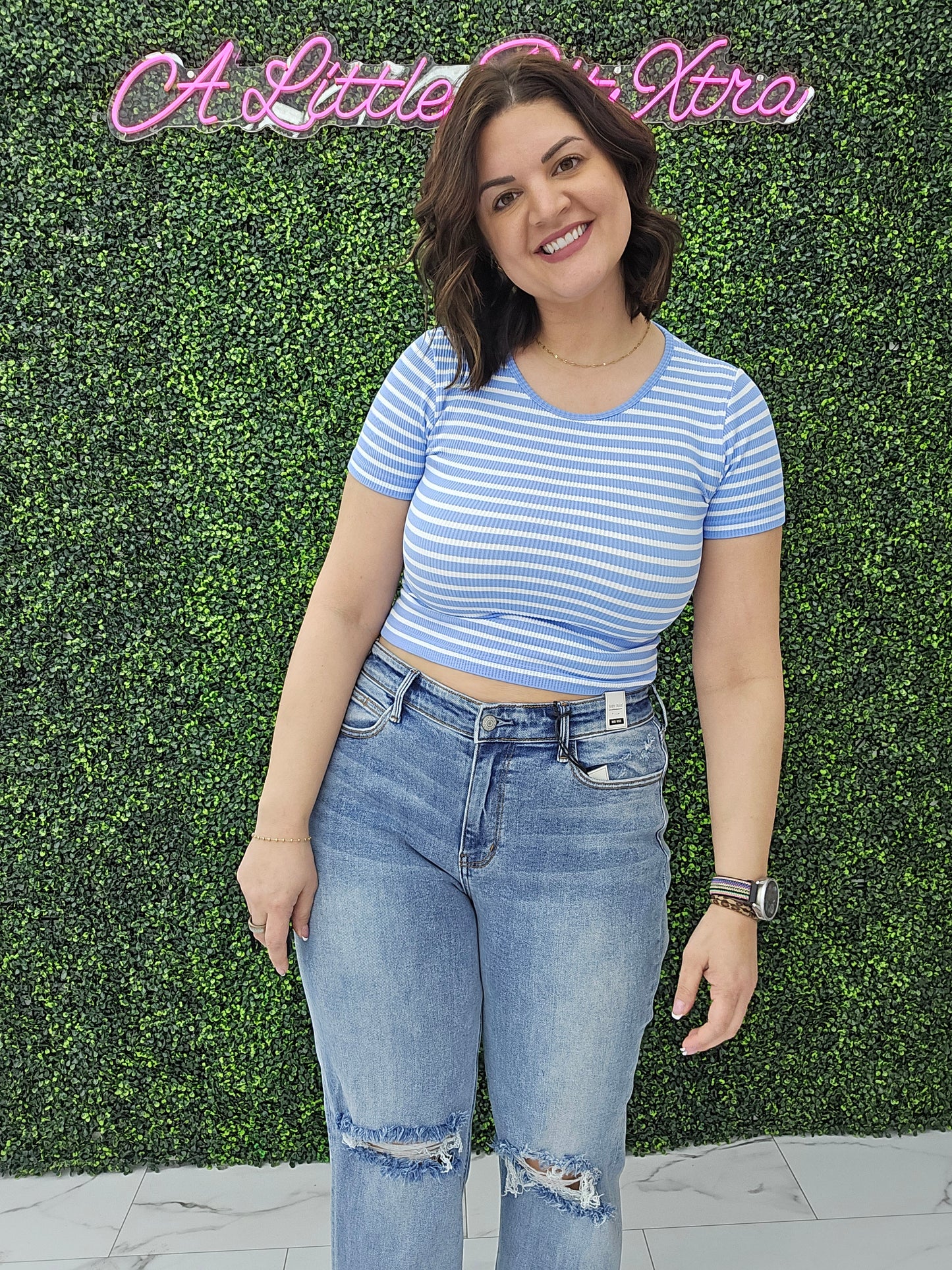 Crew Neck Stripe Seamless Rib Tee Blue
