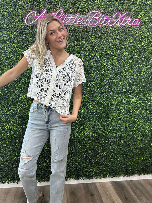 White Hollow-Out Knit Short-Sleeve Cardigan