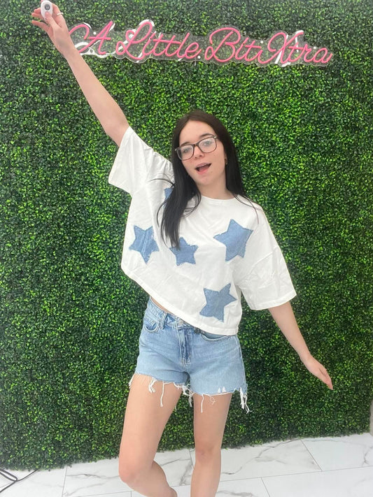 White Cropped Denim Star Tee