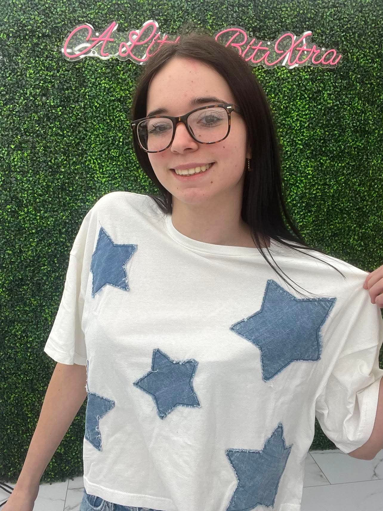 White Cropped Denim Star Tee