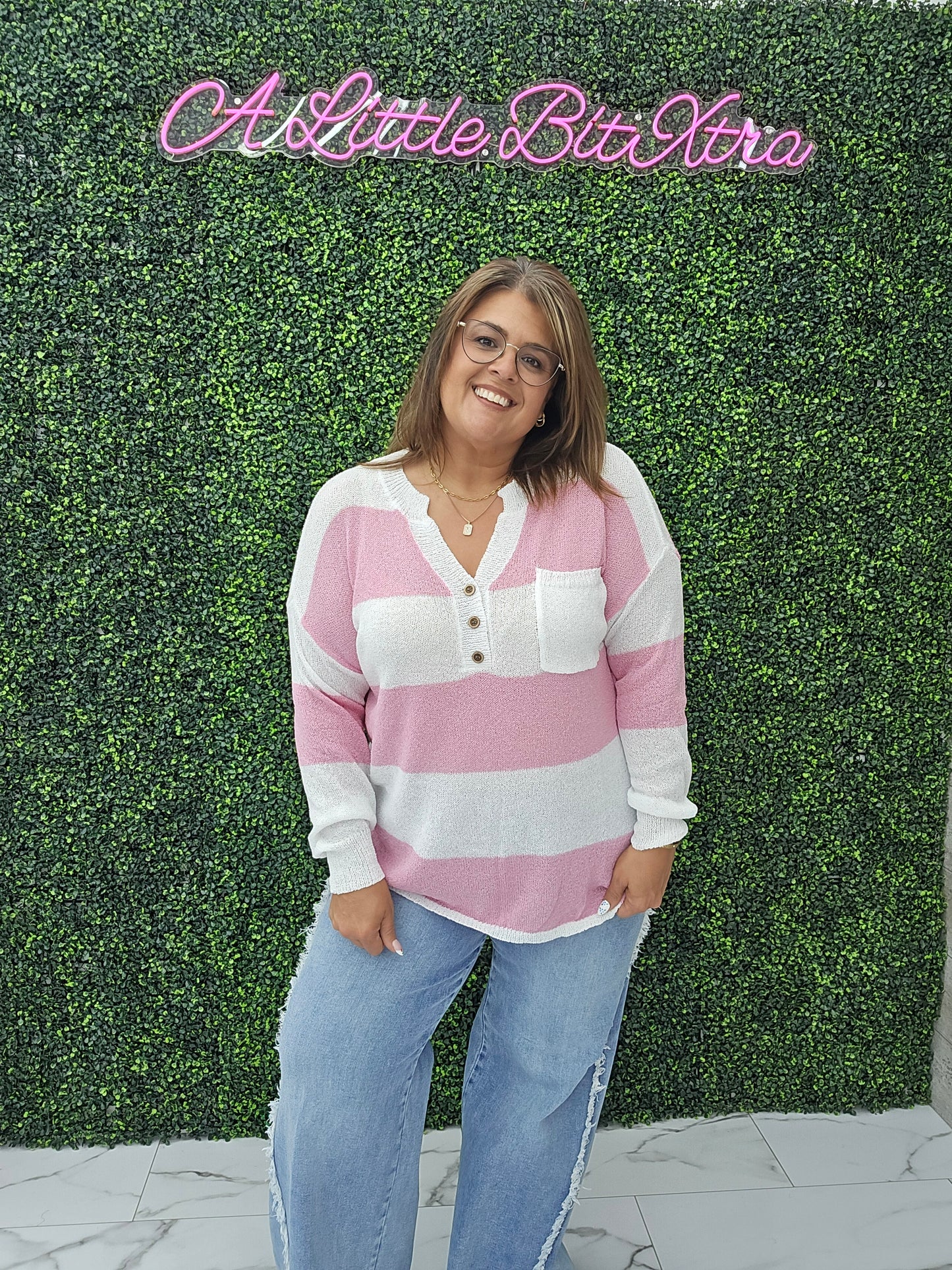 Lilly Breezy Button Up Stripes Blouse: Pink