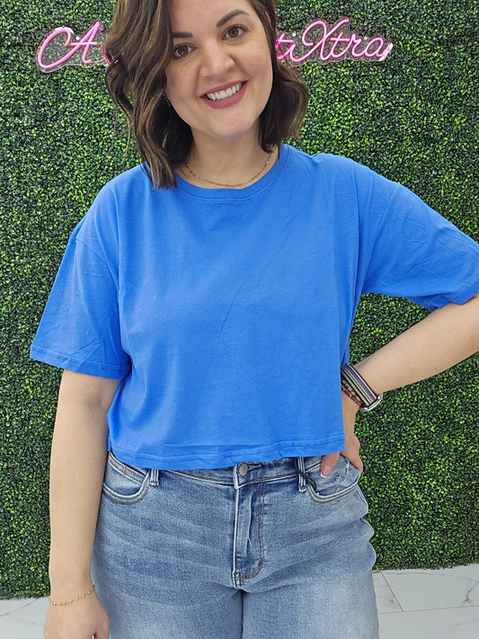 Crew Neck Oversized Crop Tee Blue
