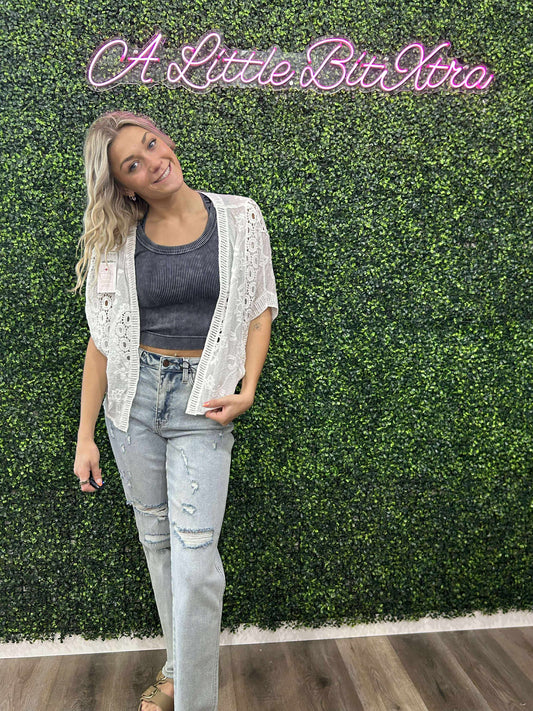 White Lace Open Front Cardigan with Batwing Sleeves