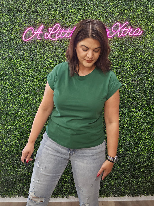 DARK GREEN ROUND NECK FOLDED SHORT SLEEVE