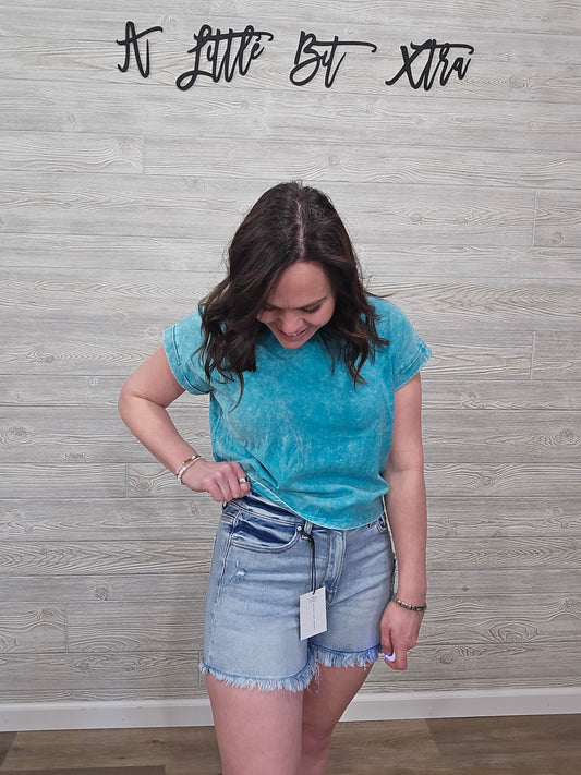 TEAL CUFFED SLEEVE CROP TOP