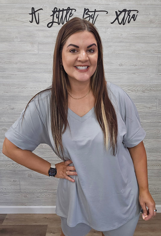 LT GREY MICROFIBER V-NECK TOP & BIKER SHORTS