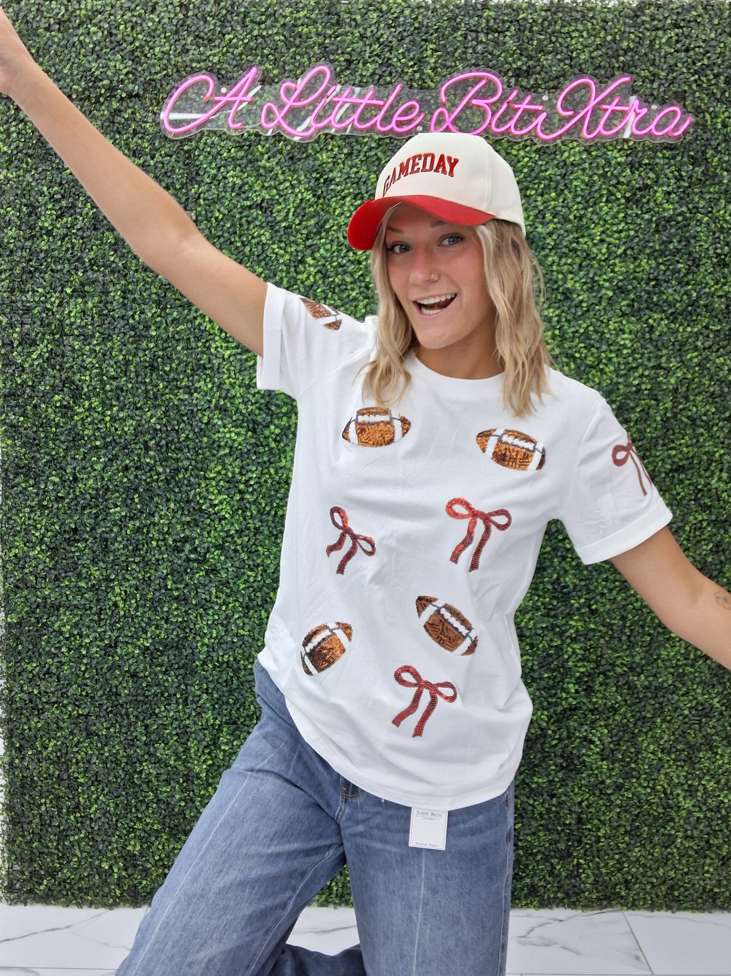 Sequins Game Day Round Neck Short Sleeve Top : White