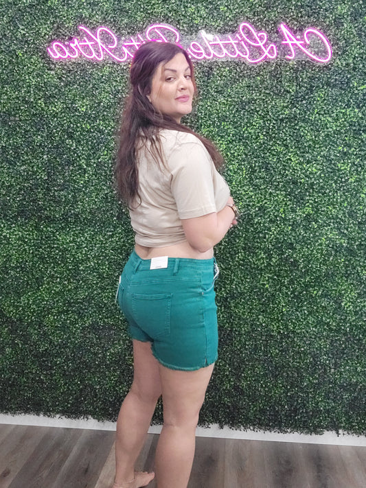 Z ACID WASH DK GREEN FRAYED DENIM SHORTS