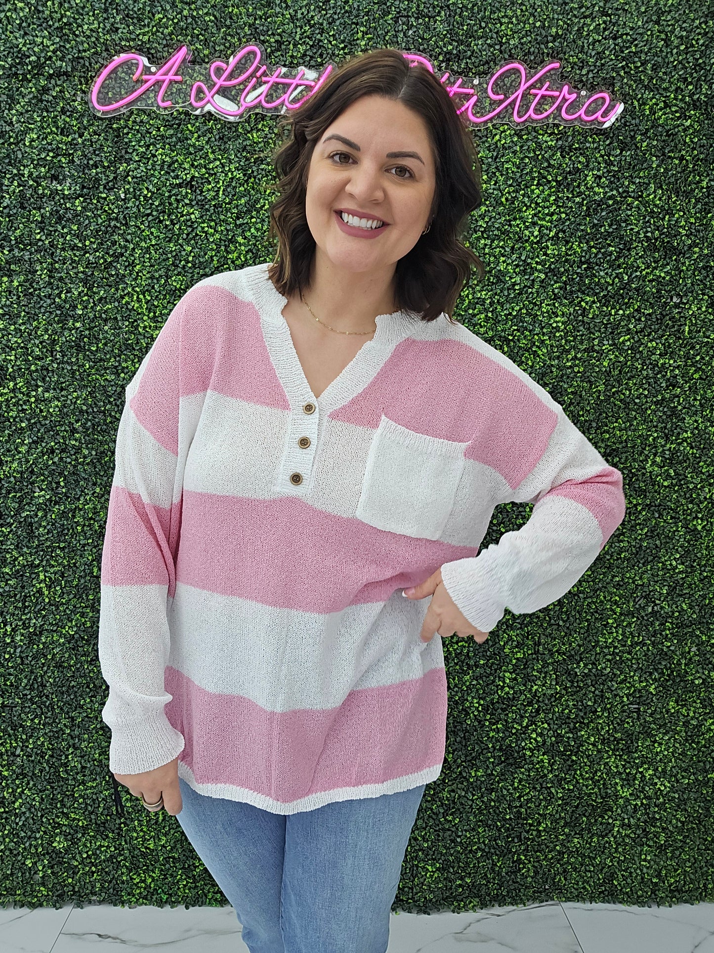 Lilly Breezy Button Up Stripes Blouse: Pink
