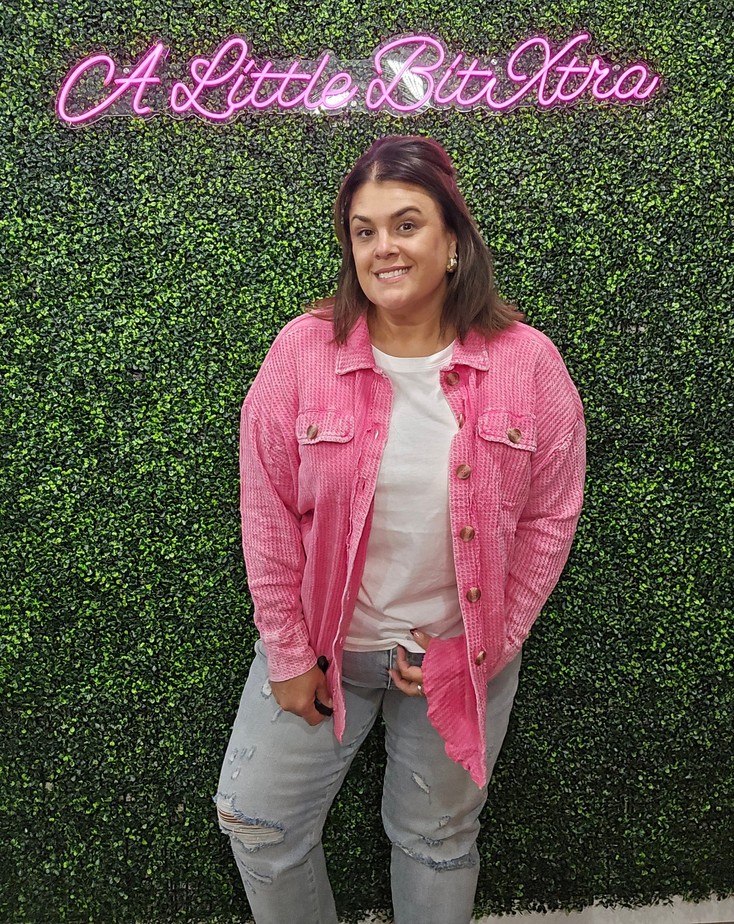FUCHSIA ACID WASH WAFFLE SHACKET
