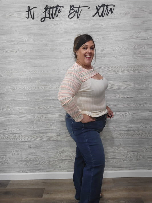 CREAM RIBBED TOP WITH NECK CUT OUT