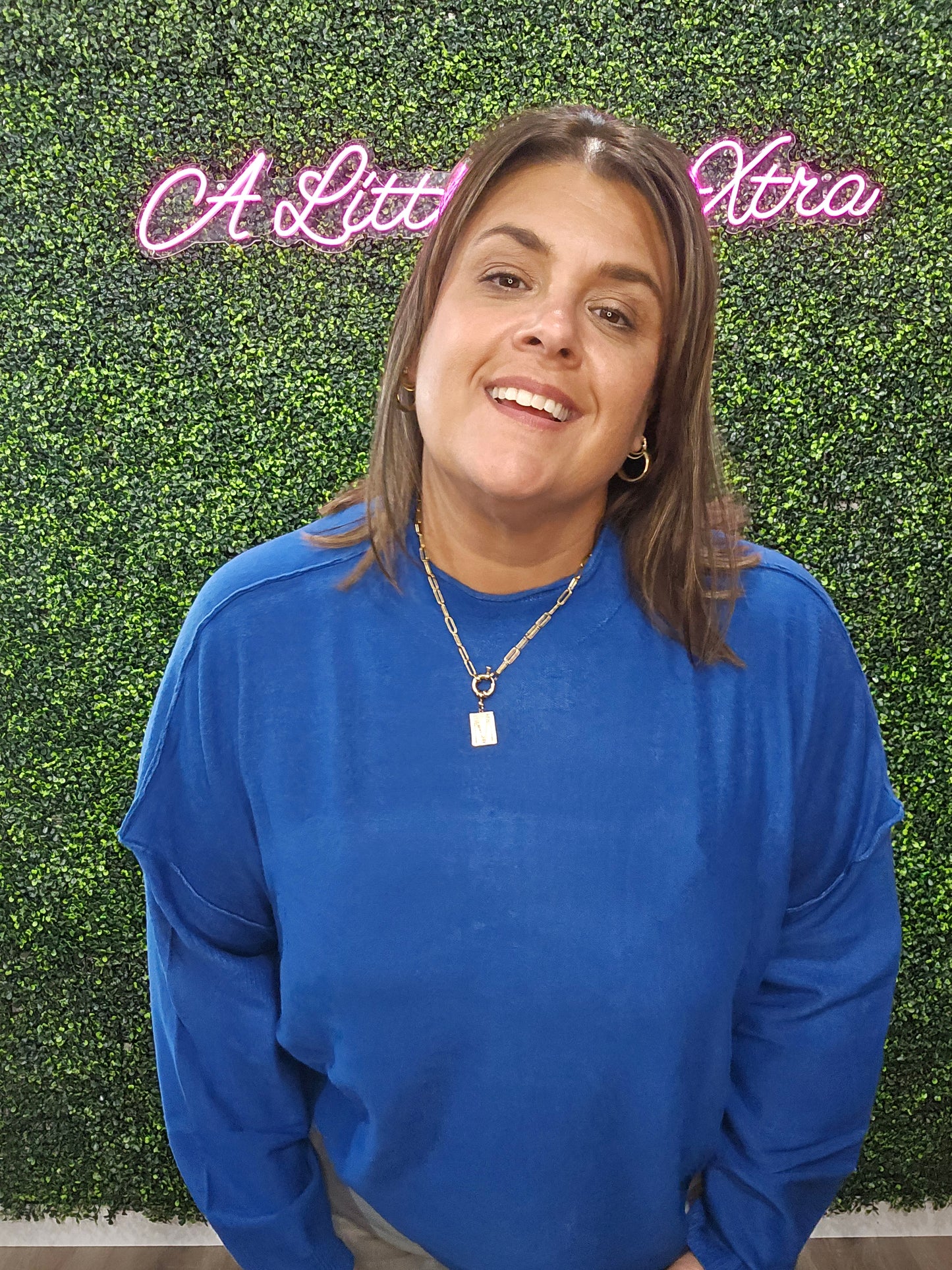 CLASSIC BLUE HIGH NECK DROP SHOULDER SWEATER