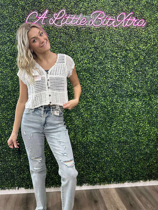 White Crosa Crochet Hollow-Out Short-Sleeve Cardigan