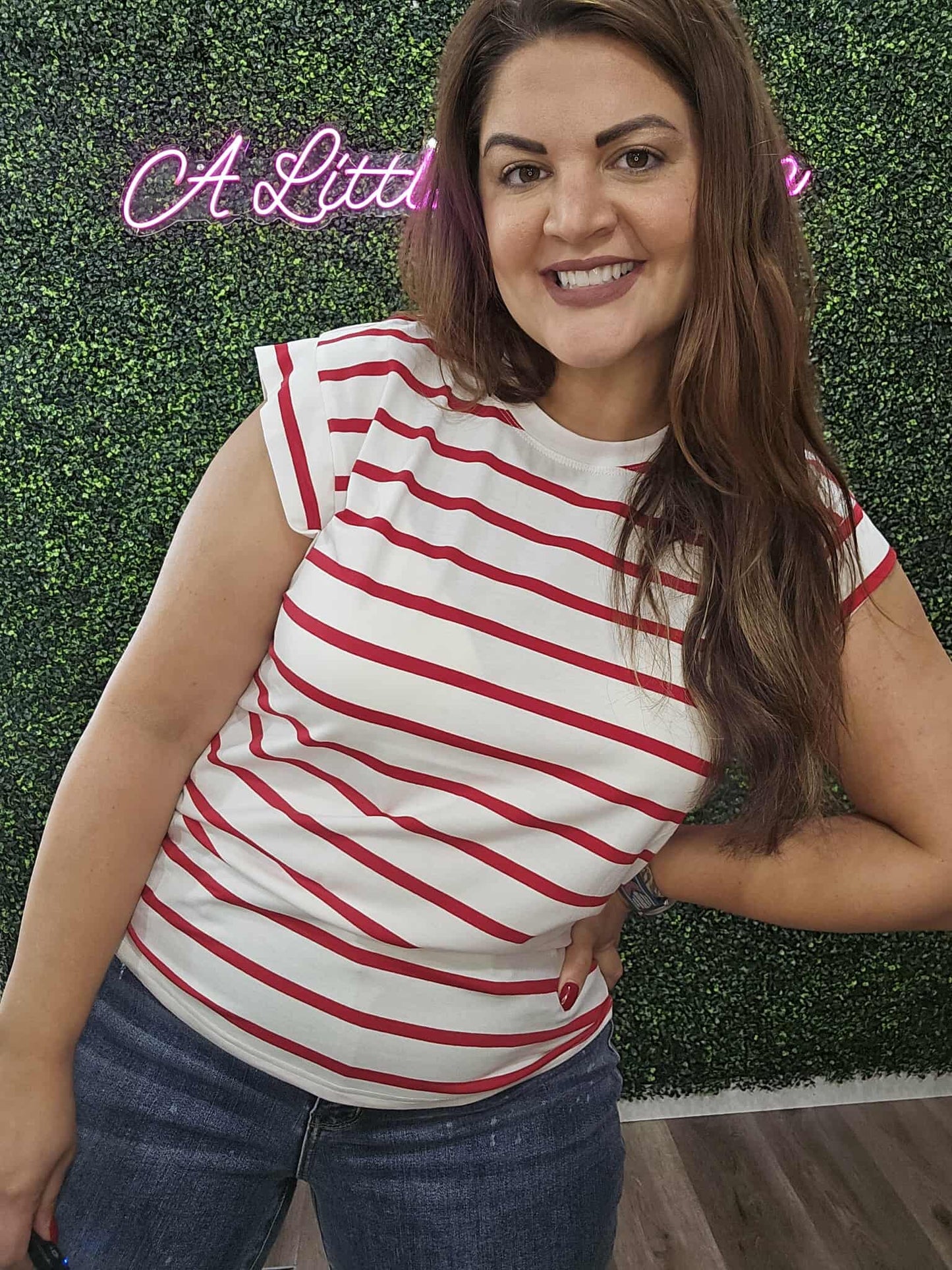 RED ROUND NECK STRIPED RAGLAN SLEEVE T-SHIRT