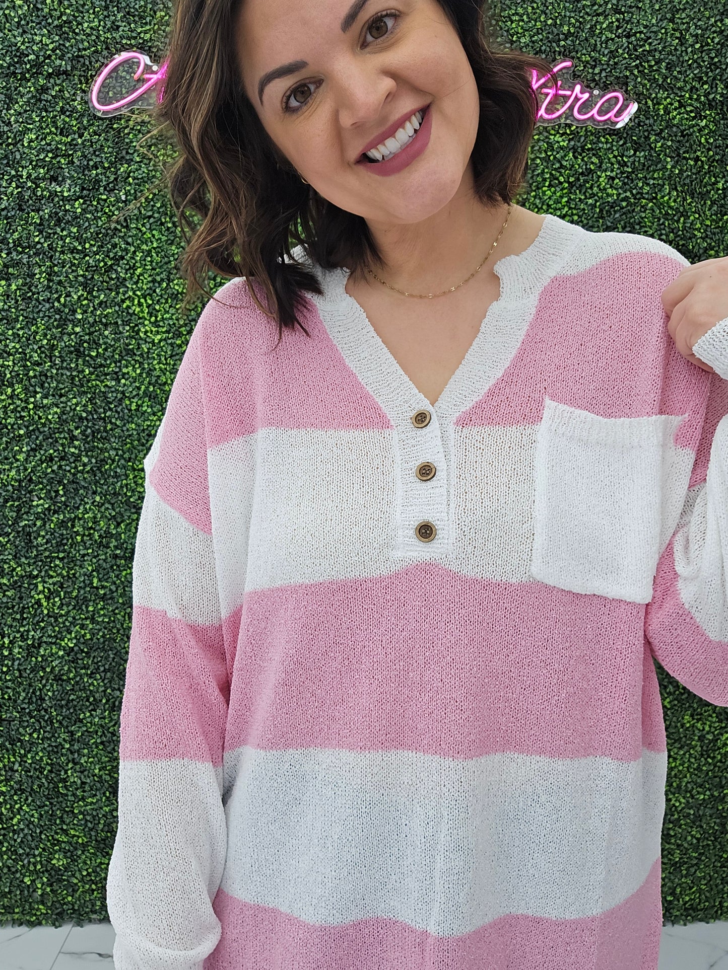 Lilly Breezy Button Up Stripes Blouse: Pink