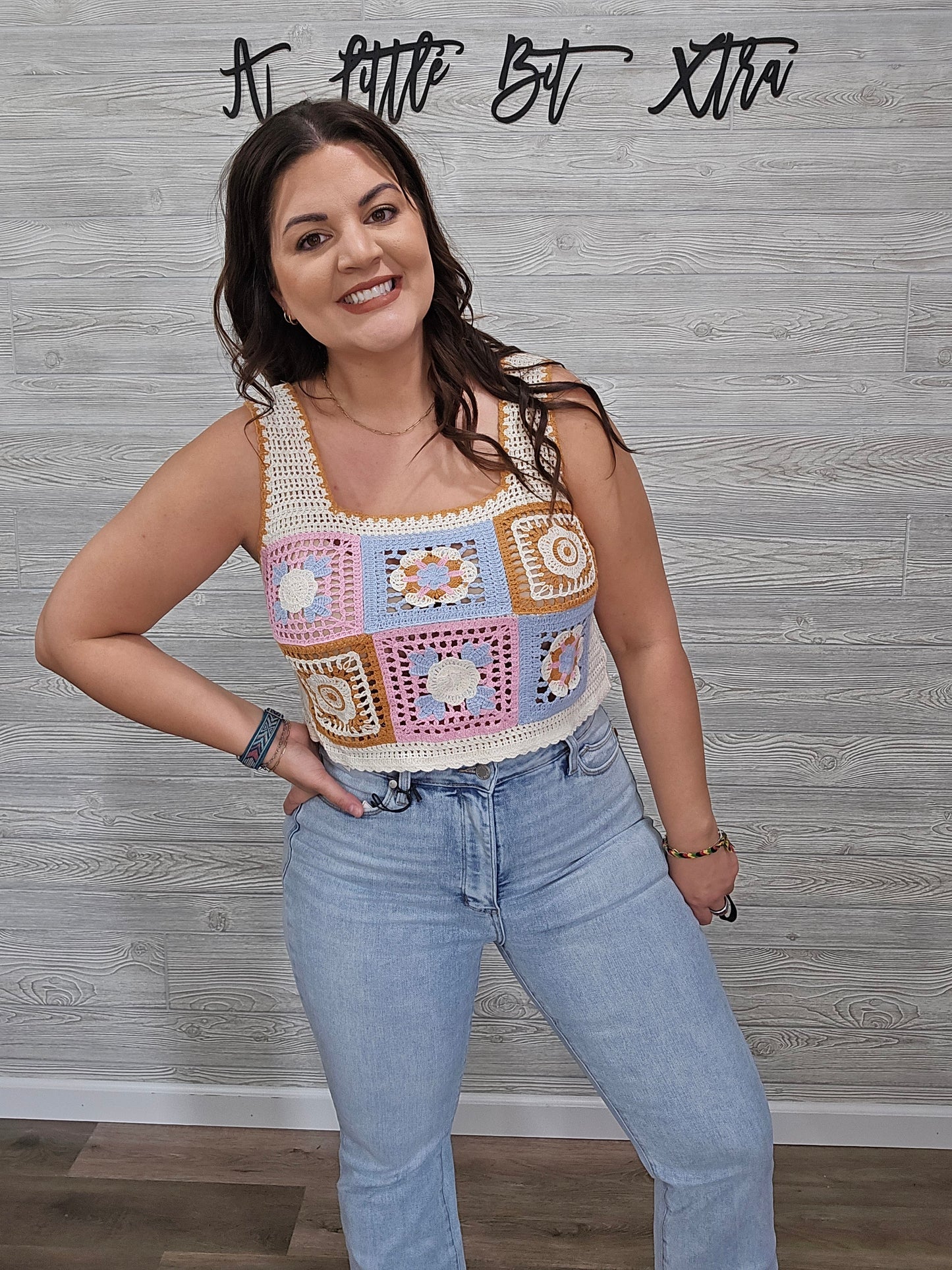 Summer Floral Mosaic Embroidered Crochet Top: Pink Combo