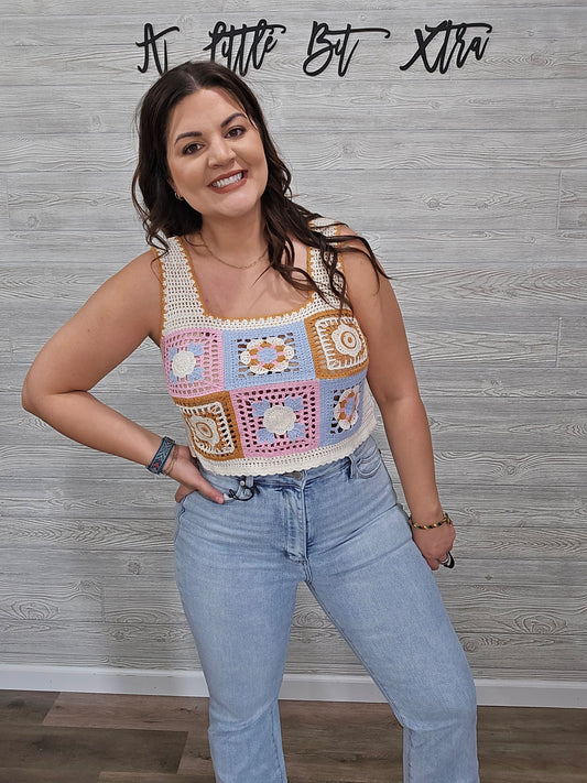 Summer Floral Mosaic Embroidered Crochet Top: Pink Combo