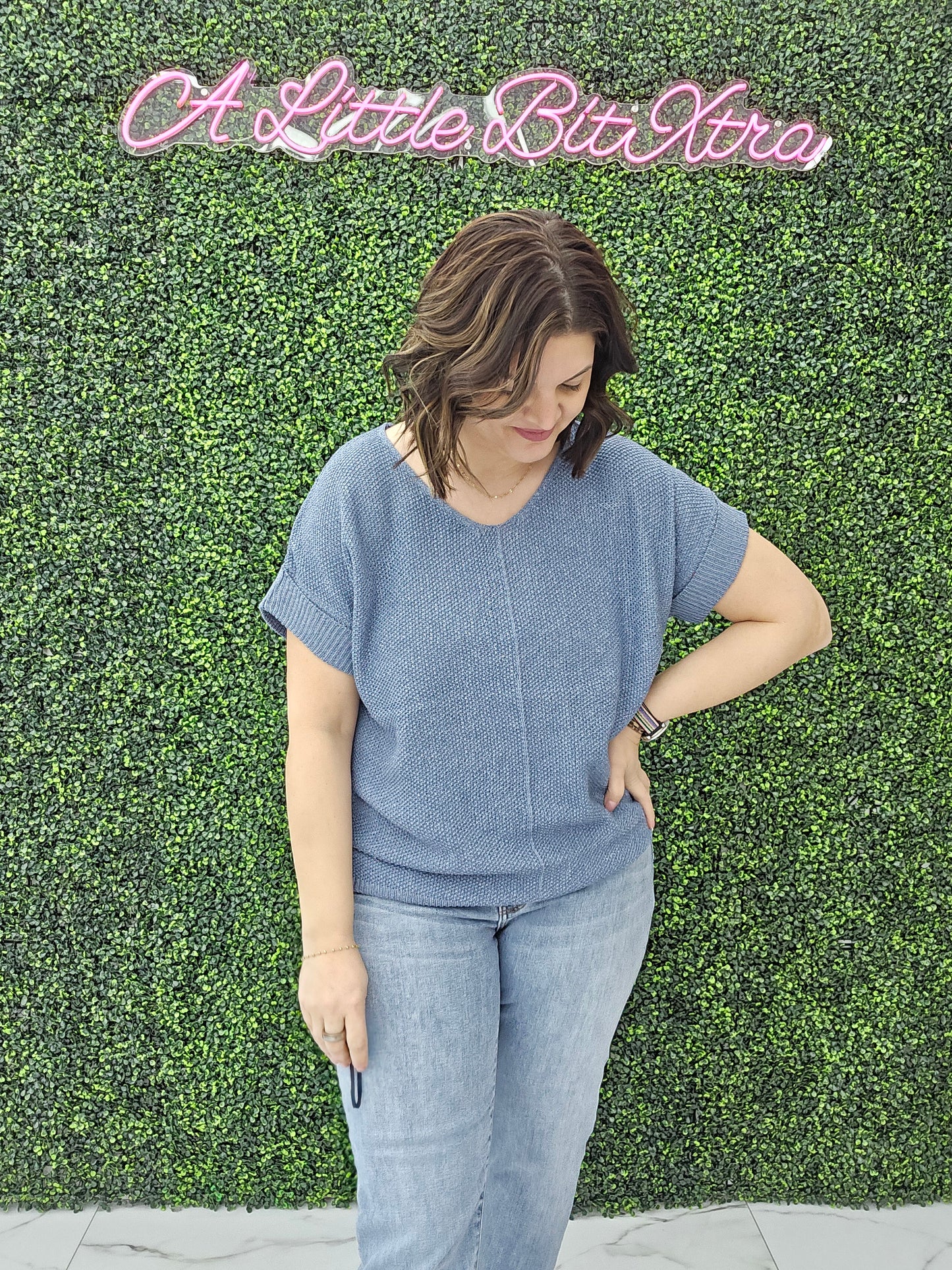 BOXY CHUNKY KNIT SHORT SLEEVE SWEATER DUSTY BLUE