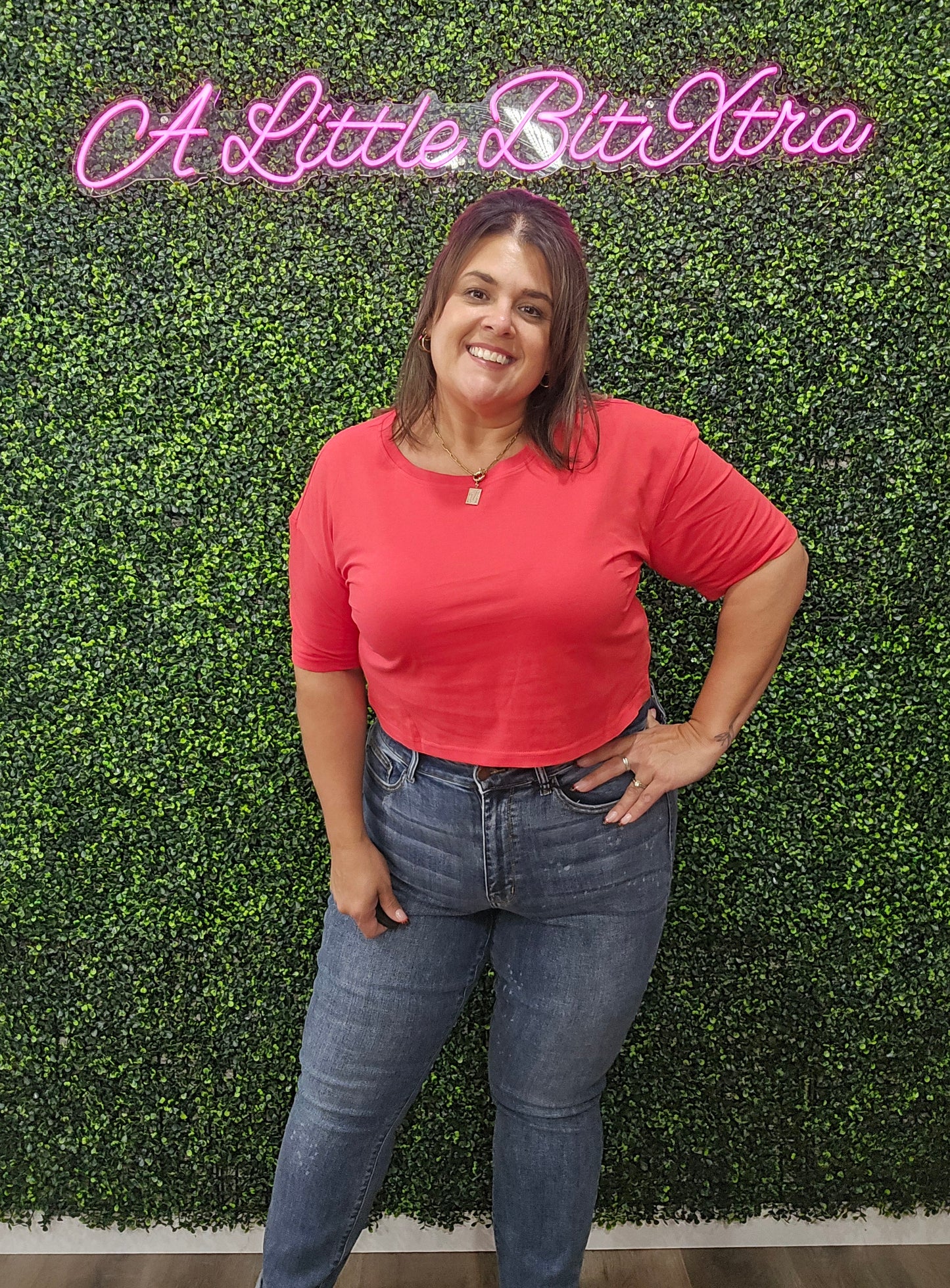 Short Sleeve Oversize Crop Cotton Knit Tee RED