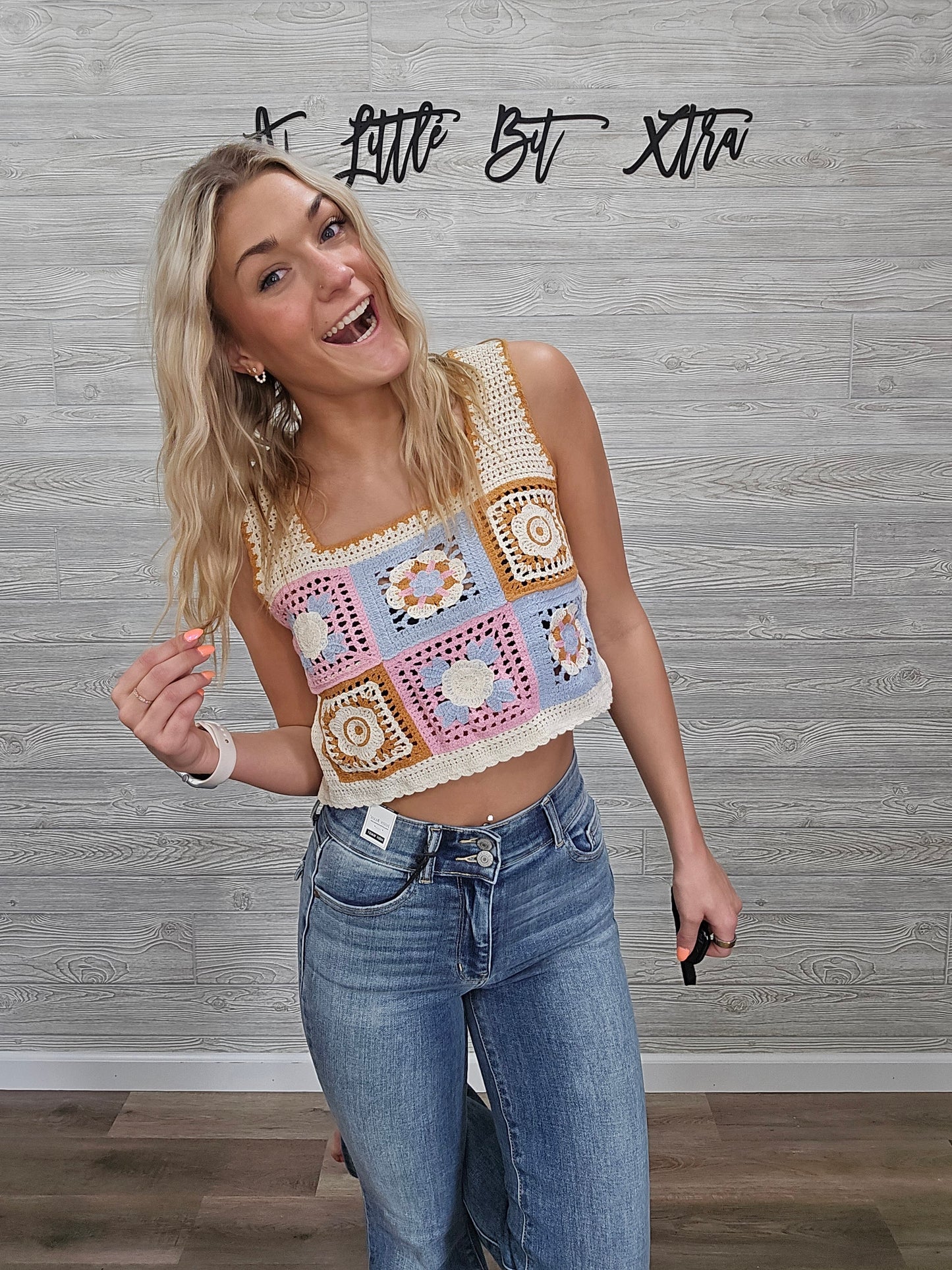 Summer Floral Mosaic Embroidered Crochet Top: Pink Combo