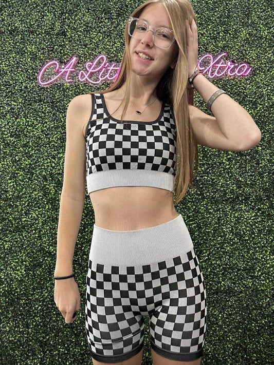 CHECKER BRA & BIKER SHORTS SET