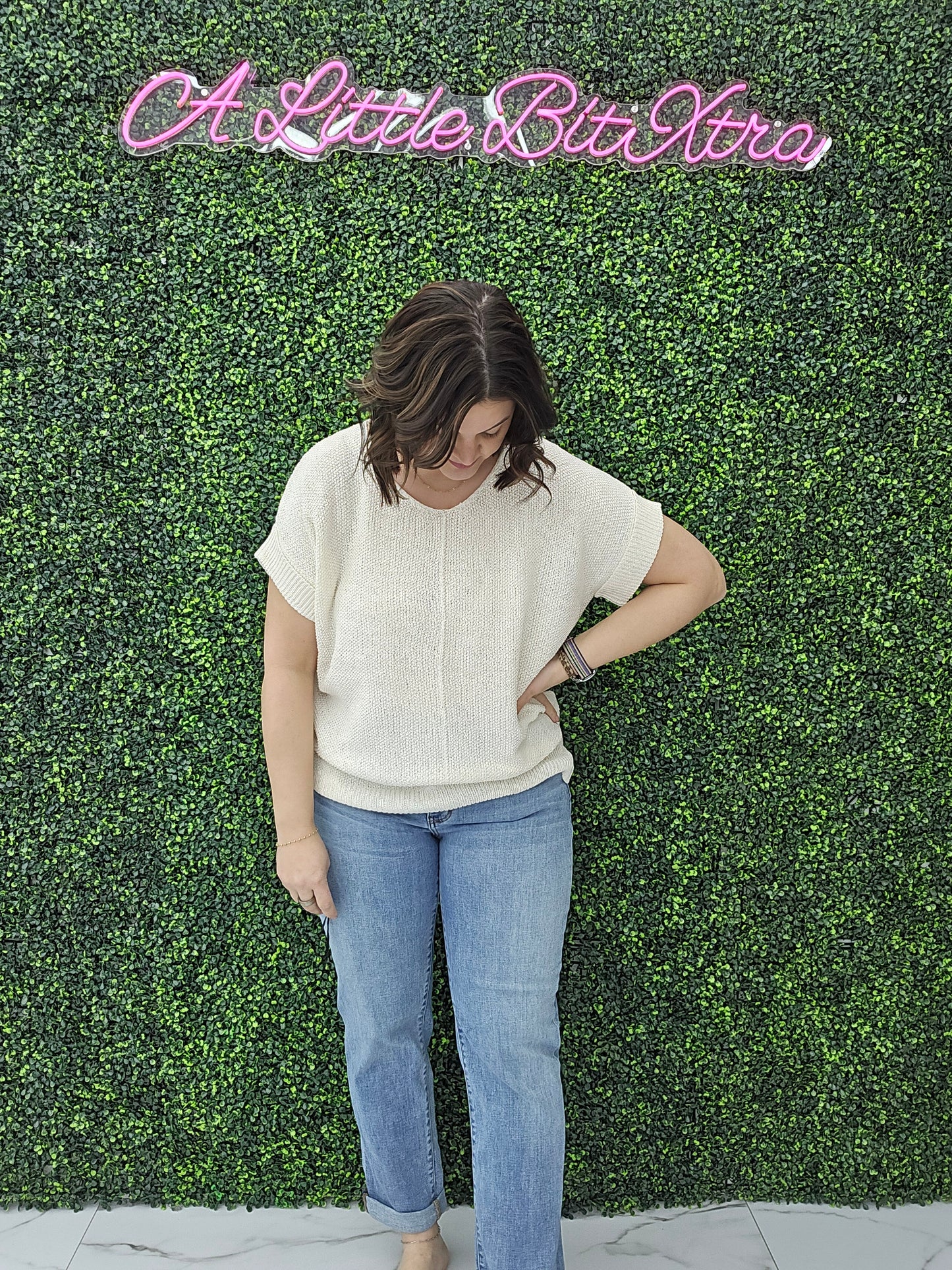 BOXY CHUNKY KNIT SHORT SLEEVE SWEATER CREAM