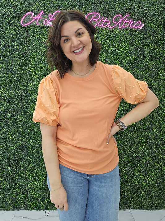 Pearl Beaded Puff Sleeve Top