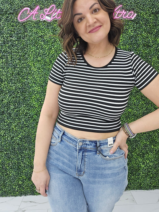 Crew Neck Stripe Seamless Rib Tee Black