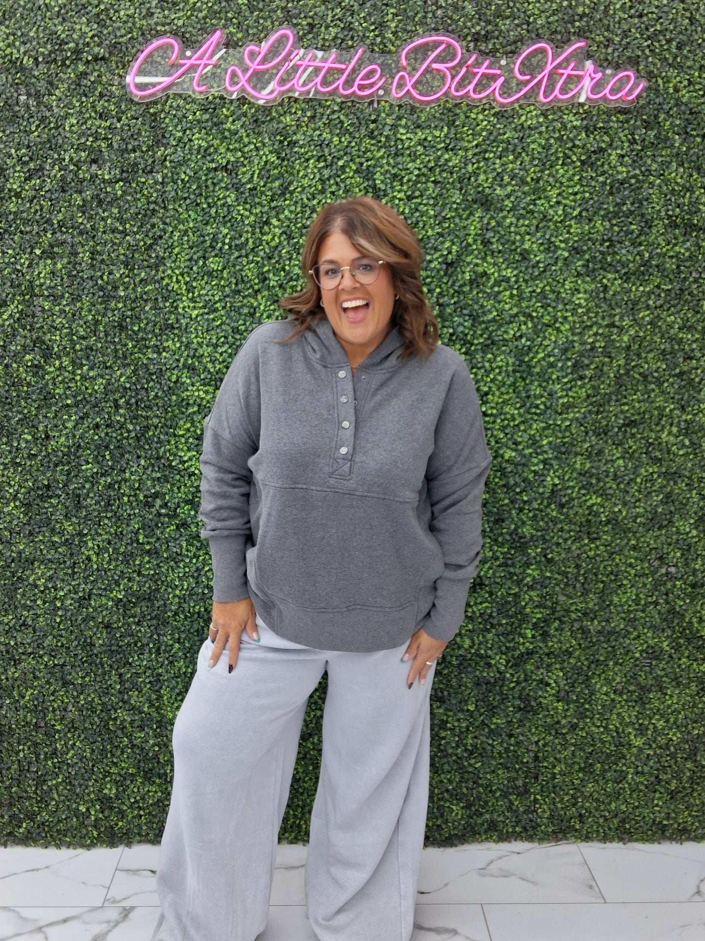 Fleece Half Snap Button Hoodie- Charcoal