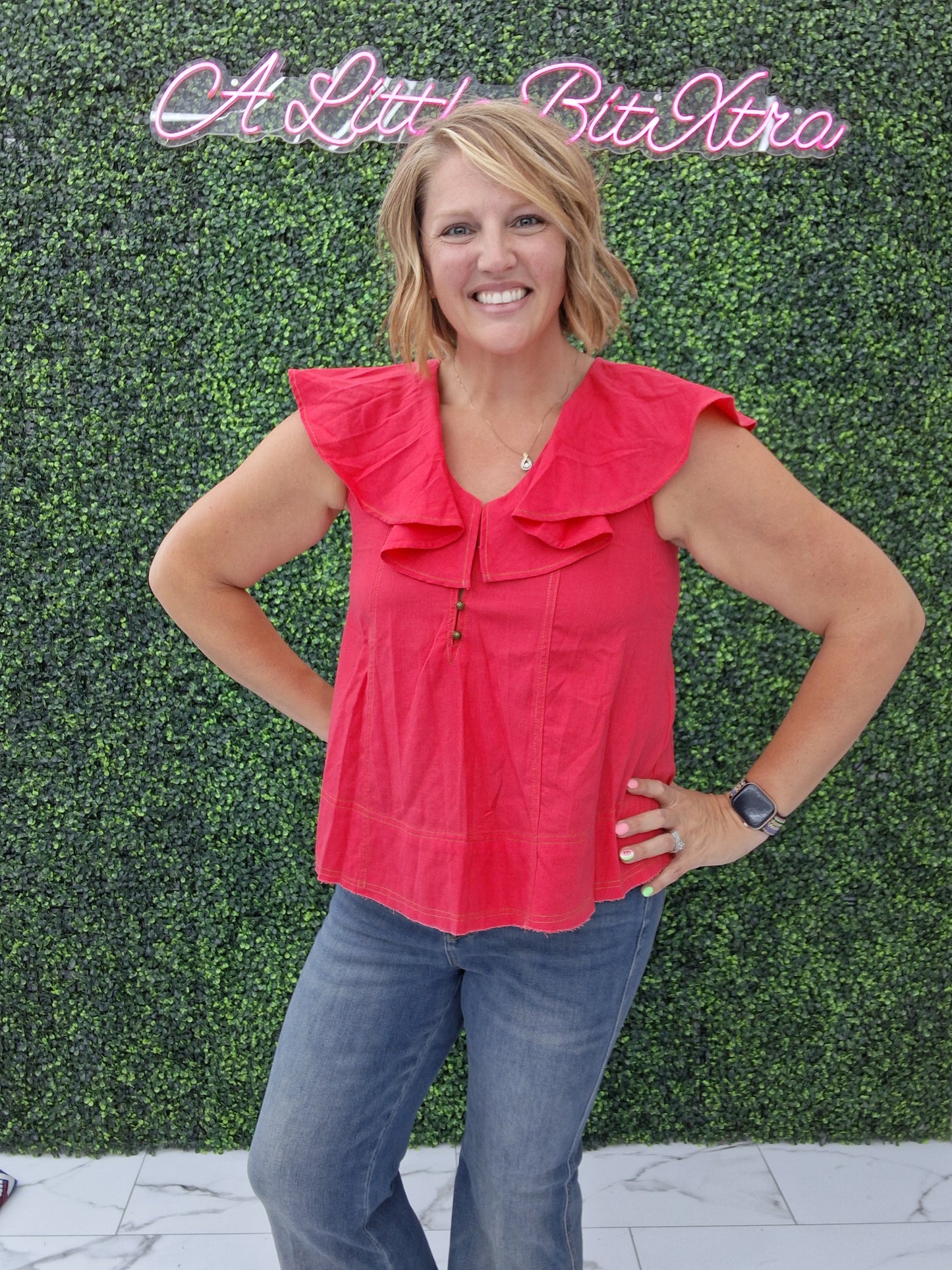 Linen Top Ruffle Collar Coral