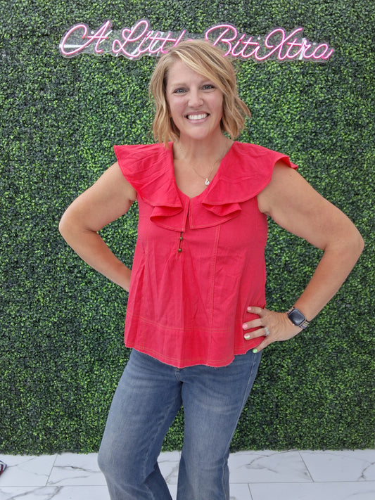 Linen Top Ruffle Collar Coral