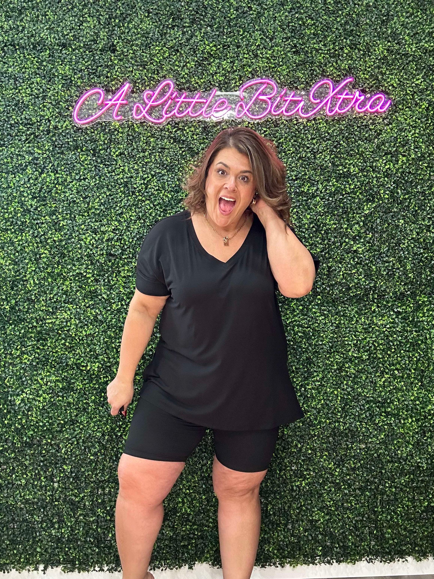 BLACK MICROFIBER V-NECK TOP & BIKER SHORTS