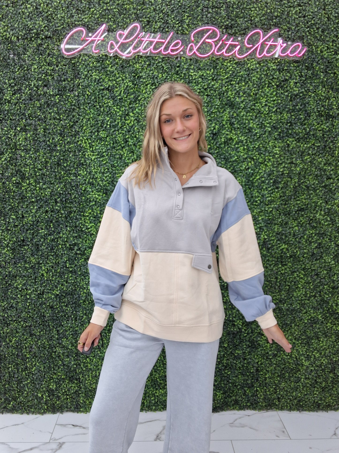 Grey Color Block Button Up Sweatshirt
