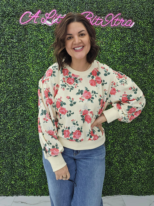 Rose Terry Balloon Sleeve Pull Over Top