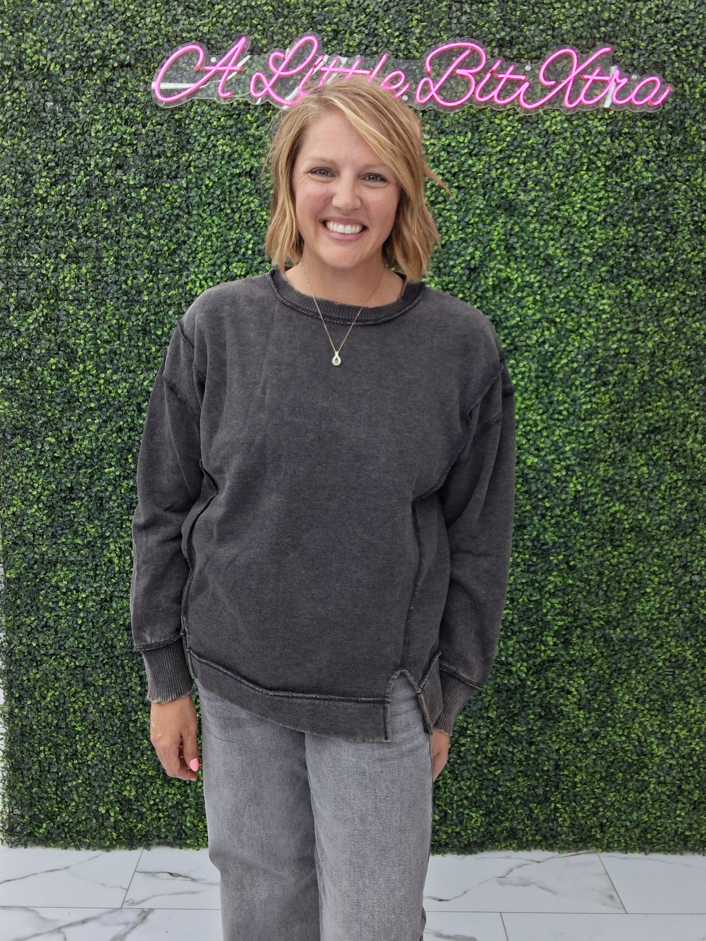Acid Wash Exposed Seam Sweatshirt- Ash Black