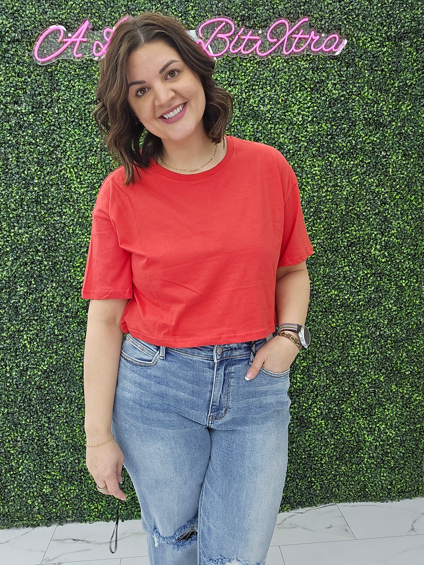 Crew Neck Oversized Crop Tee Red